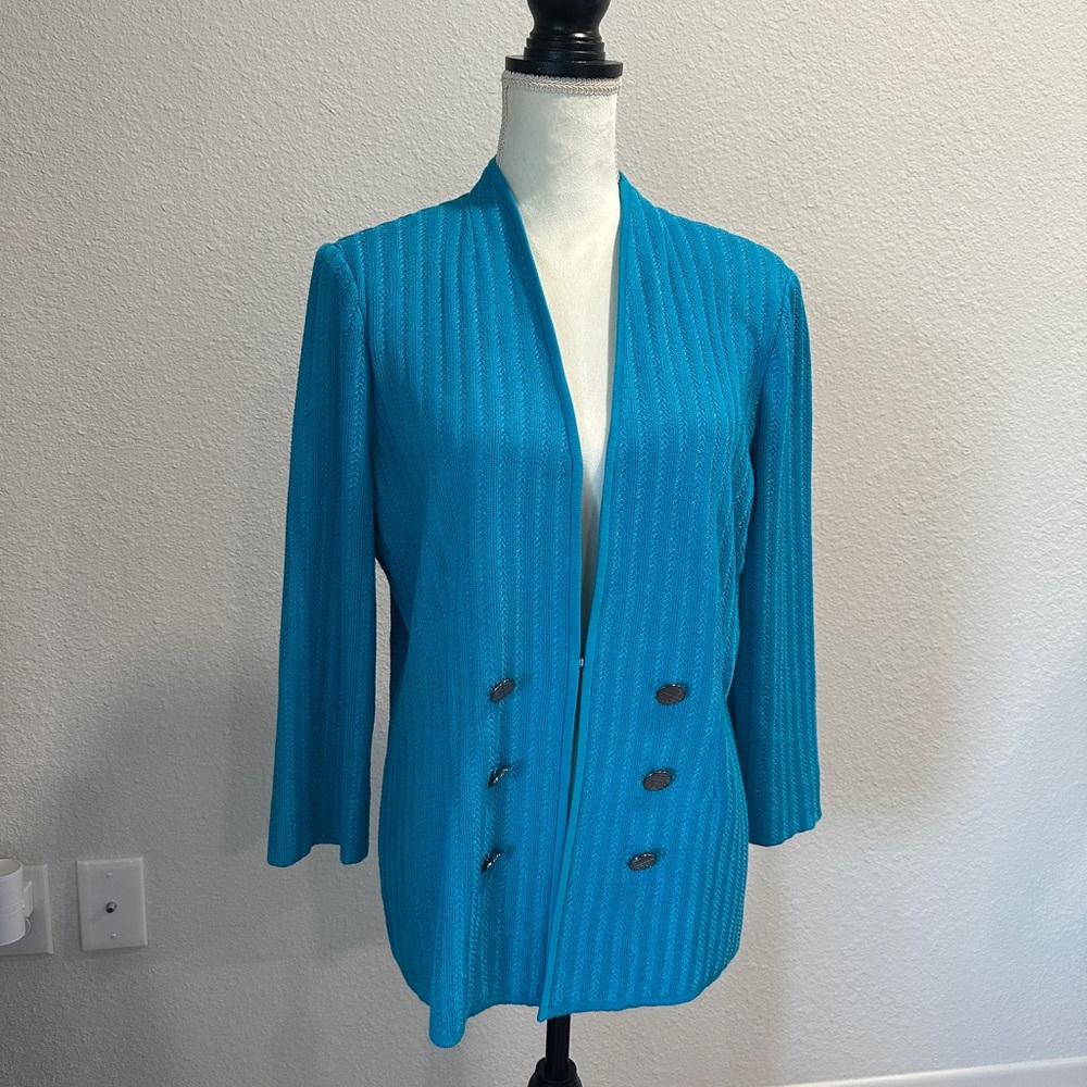 Misook Teal Open-Front Jacket with Decorative Buttons